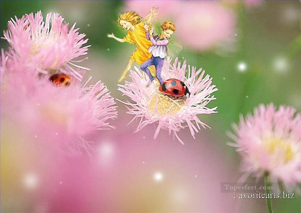 Fairies playing with ladybug fairy original Oil Paintings